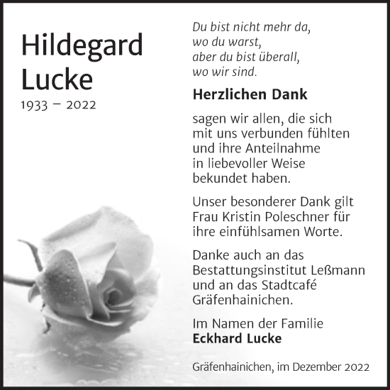 Traueranzeige von Hildegard Lucke von Trauerkombi Wittenberg
