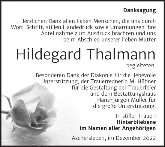 Traueranzeige von Hildegard Thalmann von Trauerkombi Aschersleben
