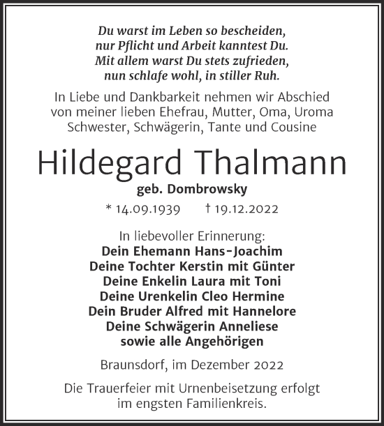 Traueranzeige von Hildegard Thalmann von Trauerkombi Wittenberg
