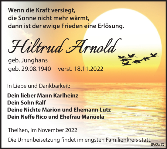 Traueranzeige von Hiltrud Arnold von Trauerkombi Zeitz