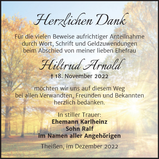 Traueranzeige von Hiltrud Arnold von Trauerkombi Zeitz