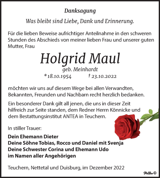 Traueranzeige von Holgrid Maul von Trauerkombi Weißenfels