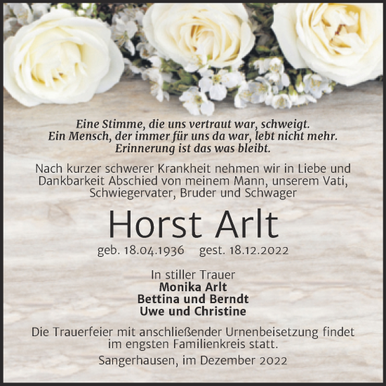 Traueranzeige von Horst Arlt von Trauerkombi Sangerhausen