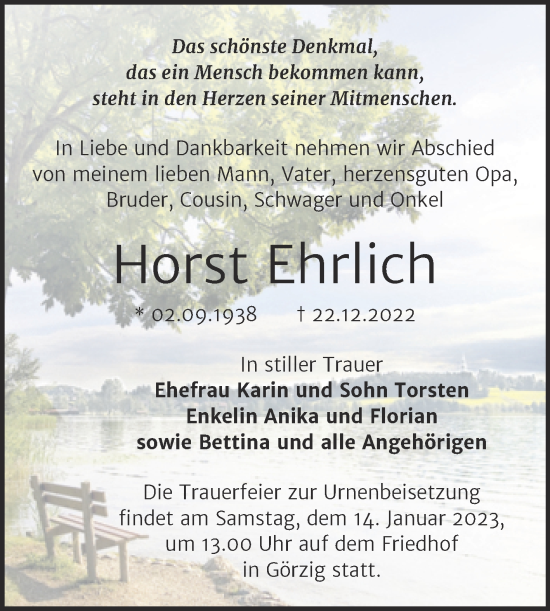 Traueranzeige von Horst Ehrlich von Mitteldeutsche Zeitung Köthen