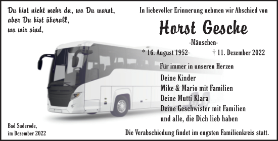 Traueranzeige von Horst Gesche von Trauerkombi Quedlinburg