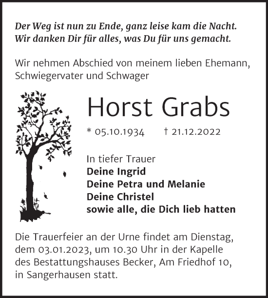 Traueranzeige von Horst Grabs von Trauerkombi Sangerhausen