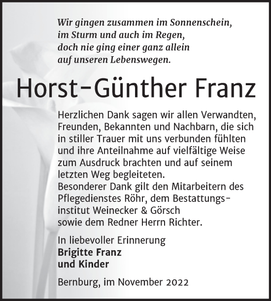 Traueranzeige von Horst-Günther Franz von Trauerkombi Bernburg