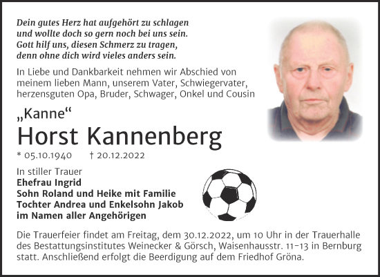 Traueranzeige von Horst Kannenberg von Trauerkombi Bernburg