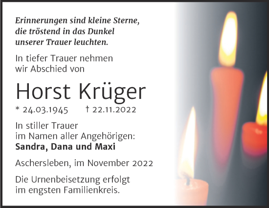 Traueranzeige von Horst Krüger von Trauerkombi Aschersleben