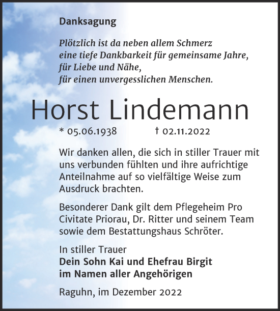 Traueranzeige von Horst Lindemann von Trauerkombi Bitterfeld