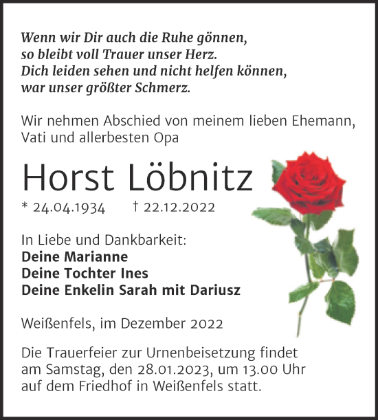 Traueranzeige von Horst Löbnitz von Trauerkombi Weißenfels