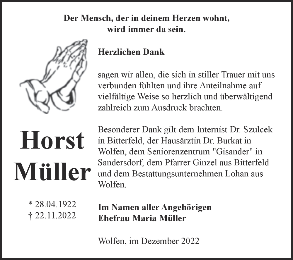  Traueranzeige für Horst Müller vom 10.12.2022 aus Trauerkombi Bitterfeld