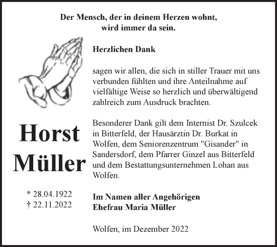 Traueranzeige von Horst Müller von Trauerkombi Bitterfeld