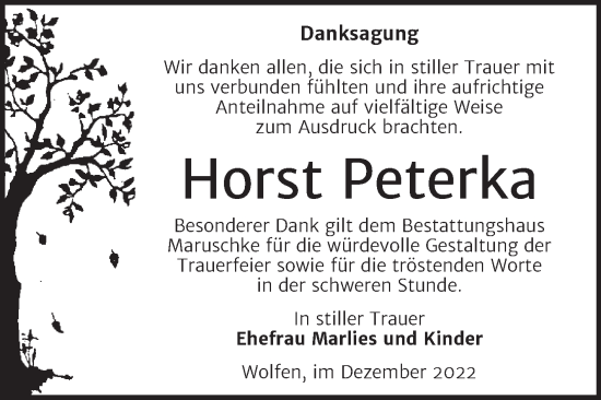 Traueranzeige von Horst Peterka von Trauerkombi Bitterfeld