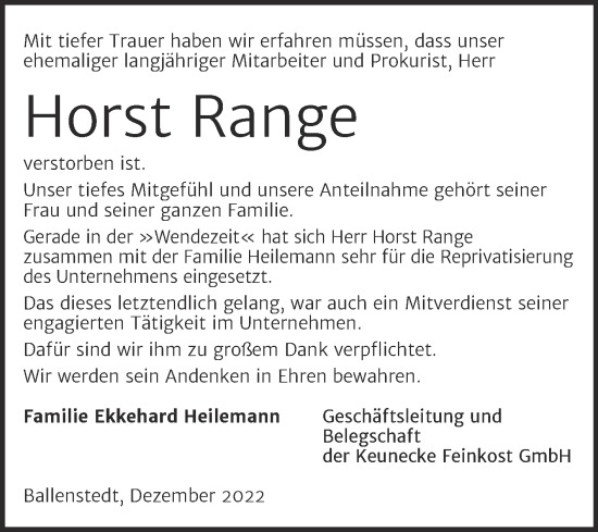 Traueranzeige von Horst Range von Mitteldeutsche Zeitung Quedlingburg