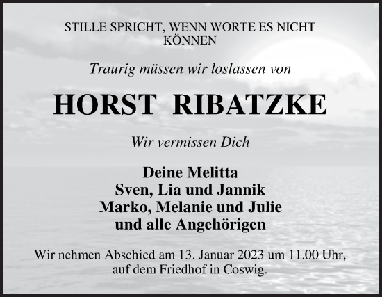 Traueranzeige von Horst Ribatzke von Super Sonntag Wittenberg