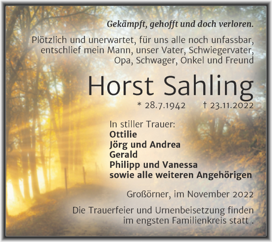 Traueranzeige von Horst Sahling von Trauerkombi Mansfelder Land
