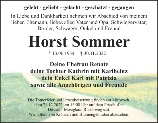 Traueranzeige von Horst Sommer von Trauerkombi Dessau