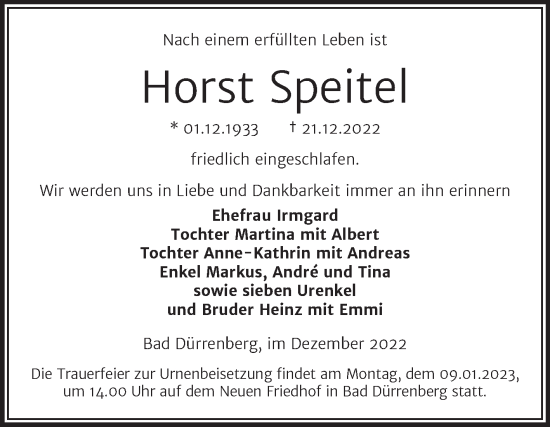 Traueranzeige von Horst Speitel von Trauerkombi Merseburg
