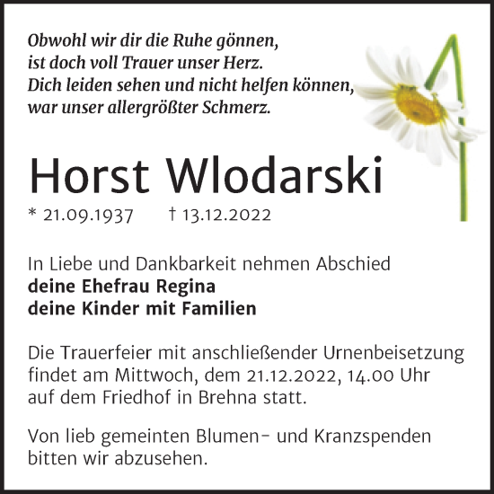 Traueranzeige von Horst Wlodarski von Trauerkombi Bitterfeld