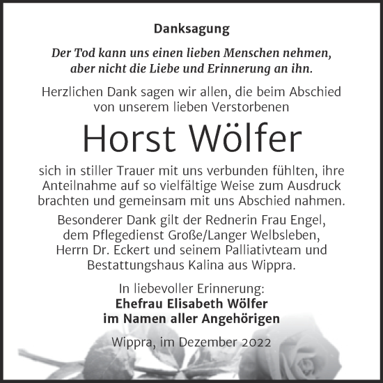 Traueranzeige von Horst Wölfer von Trauerkombi Sangerhausen