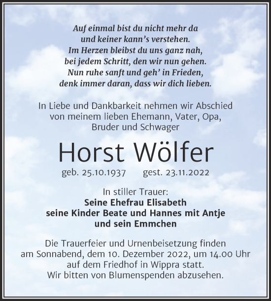 Traueranzeige von Horst Wölfer von Super Sonntag Sangerhausen