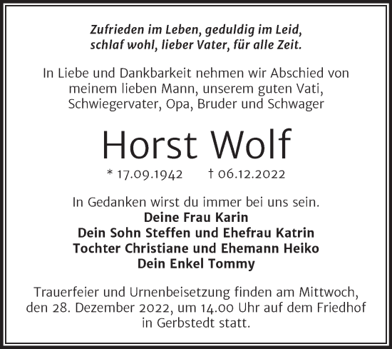 Traueranzeige von Horst Wolf von Trauerkombi Mansfelder Land