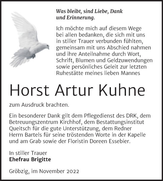 Traueranzeige von Horst Artur Kuhne von Trauerkombi Köthen