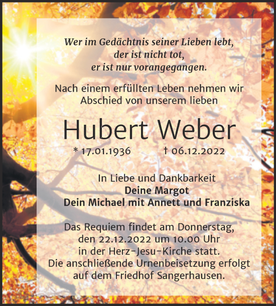 Traueranzeige von Hubert Weber von Trauerkombi Sangerhausen