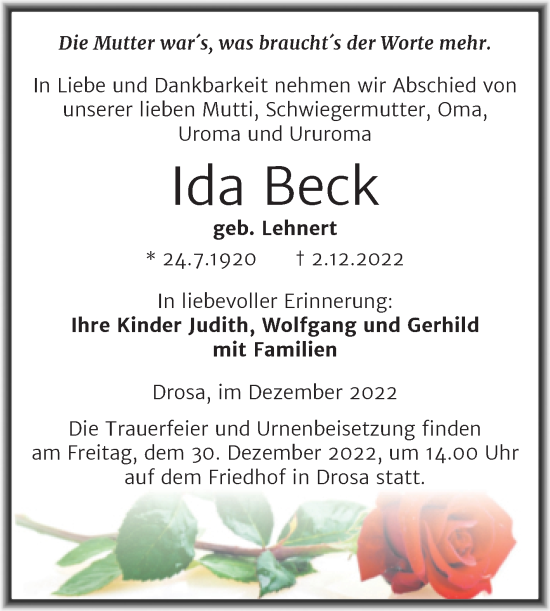 Traueranzeige von Ida Beck von Trauerkombi Köthen