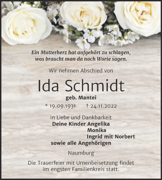 Traueranzeige von Ida Schmidt von Wochenspiegel Naumburg/Nebra