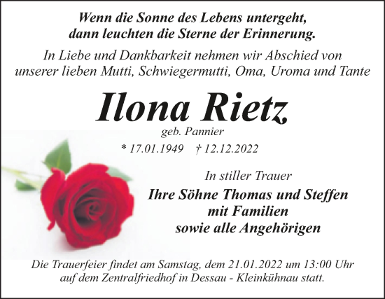 Traueranzeige von Ilona Rietz von Trauerkombi Dessau