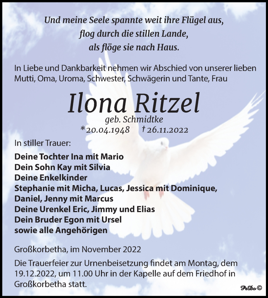  Traueranzeige für Ilona Ritzel vom 03.12.2022 aus Trauerkombi Weißenfels