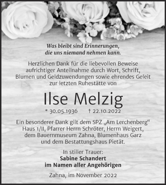 Traueranzeige von Ilse Melzig von Trauerkombi Wittenberg