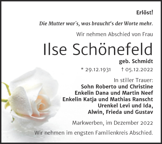 Traueranzeige von Ilse Schönefeld von Trauerkombi Weißenfels