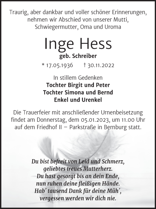 Traueranzeige von Inge Hess von Trauerkombi Bernburg