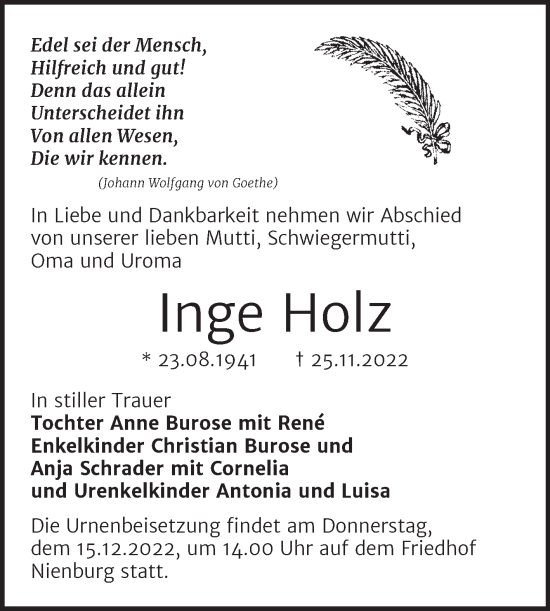 Traueranzeige von Inge Holz von Trauerkombi Bernburg