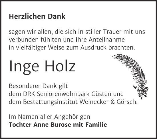 Traueranzeige von Inge Holz von Trauerkombi Bernburg