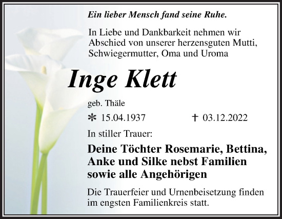 Traueranzeige von Inge Klett von Trauerkombi Wittenberg
