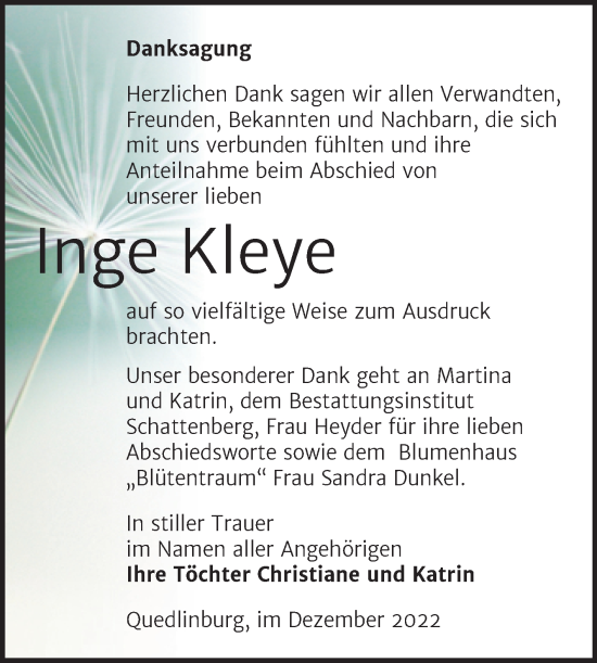 Traueranzeige von Inge Kleye von Trauerkombi Quedlinburg