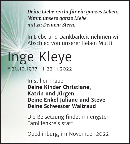 Traueranzeige von Inge Kleye von Trauerkombi Quedlinburg