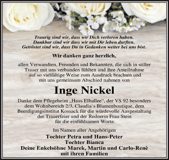 Traueranzeige von Inge Nickel von Trauerkombi Dessau