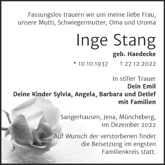 Traueranzeige von Inge Stang von Trauerkombi Sangerhausen