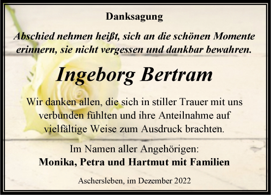 Traueranzeige von Ingeborg Bertram von Trauerkombi Aschersleben