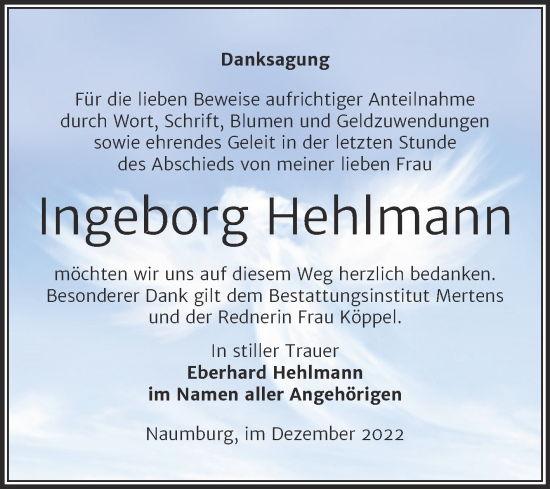 Traueranzeige von Ingeborg Hehlmann von Wochenspiegel Naumburg/Nebra