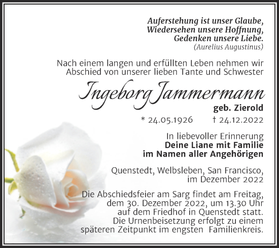 Traueranzeige von Ingeborg Jammermann von Mitteldeutsche Zeitung Mansfelder Land
