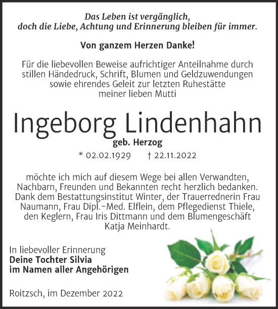 Traueranzeige von Ingeborg Lindenhahn von Trauerkombi Bitterfeld