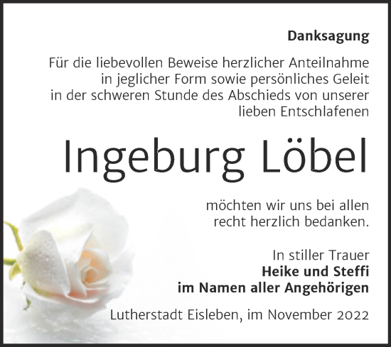 Traueranzeige von Ingeburg Löbel von Trauerkombi Mansfelder Land