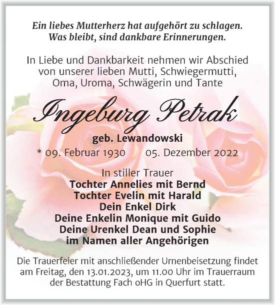 Traueranzeige von Ingeburg Petrak von Trauerkombi Merseburg