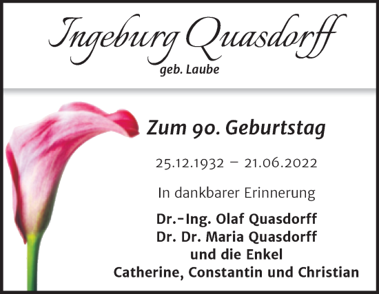 Traueranzeige von Ingeburg Quasdorff von Trauerkombi Mansfelder Land